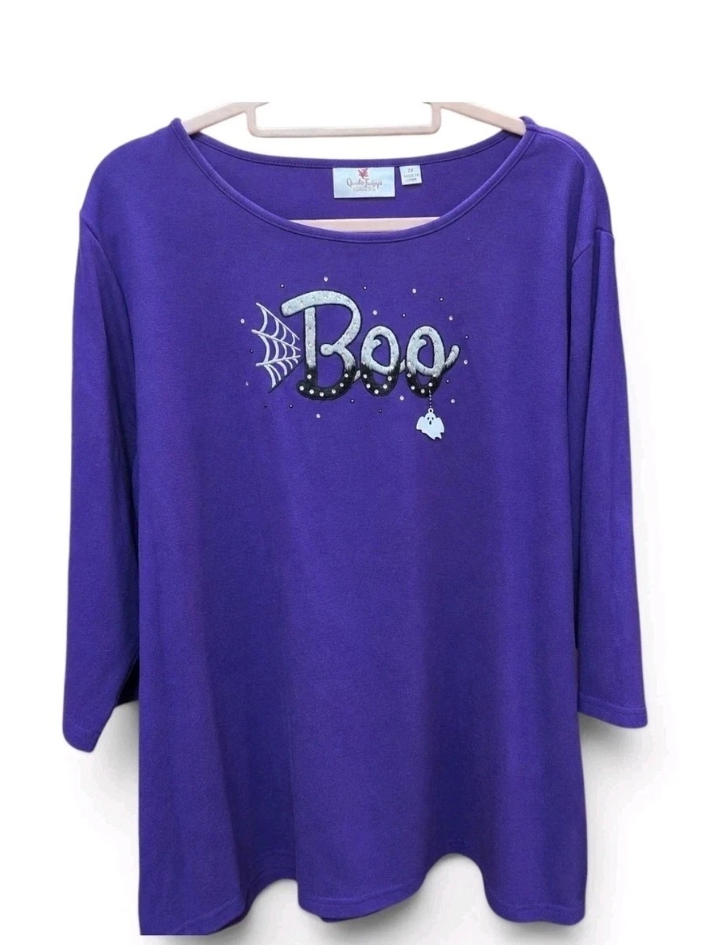 Quacker Factory Halloween Purple "Boo" Embellished Women's Top 2X